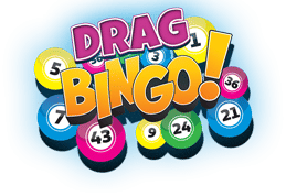 Bright drag bingo logo with bold pink and yellow DRAG BINGO! text surrounded by multicolored numbered bingo balls on a blue splash background, playful event branding.