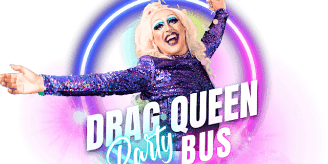 Drag performer in a sparkly purple sequin outfit and blonde wig, arms wide and smiling against neon pink and blue rings with bold “Drag Queen Party Bus” text — playful promo for a mobile drag show and nightlife party.