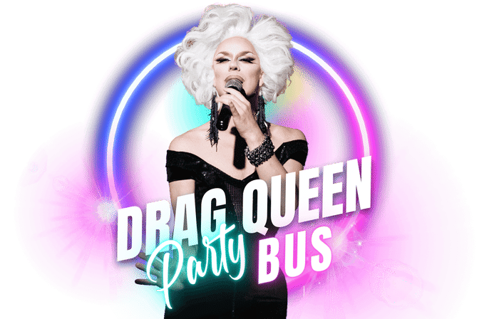 Promotional graphic of a drag performer in a white wig and black off-shoulder dress singing into a microphone with neon circular lights and pink glow, over bold "Drag Queen Party Bus" text — lively drag-show party bus entertainment.