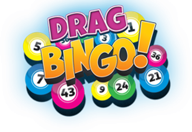 Colorful "Drag Bingo!" logo with bold pink and orange letters over scattered multicolored numbered bingo balls on a bright blue background