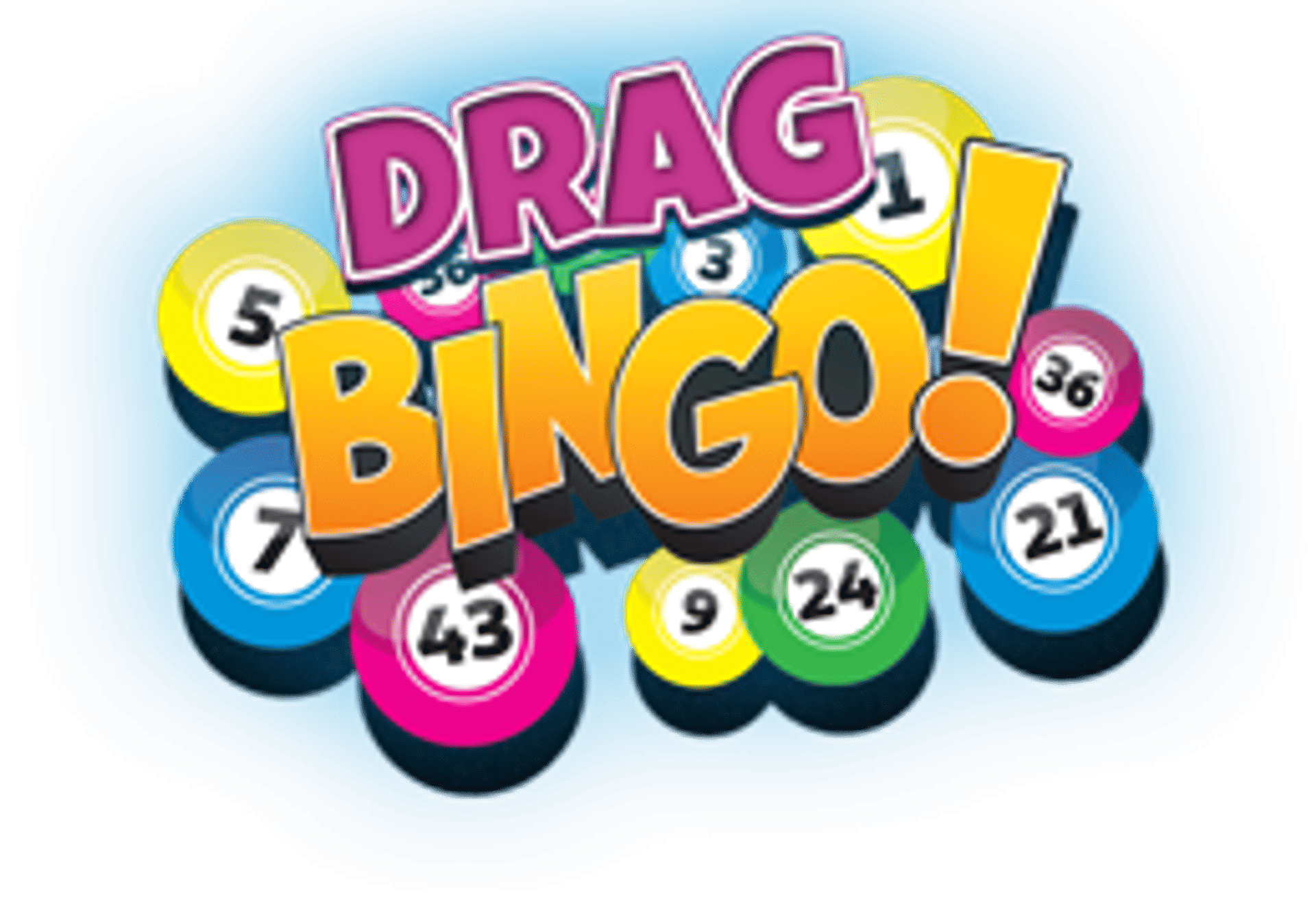 Bright "Drag Bingo!" logo with bold pink and yellow letters and colorful numbered bingo balls on a playful blue background