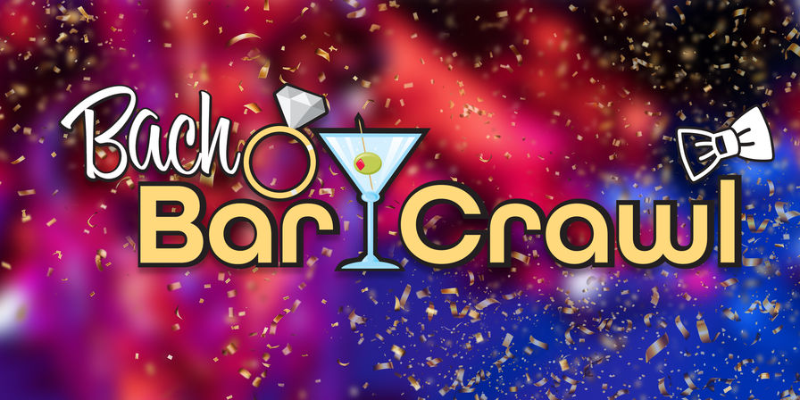 Colorful bachelorette bar crawl banner with diamond engagement ring, martini glass with olive, bow tie icon and gold confetti over a red and blue party background.