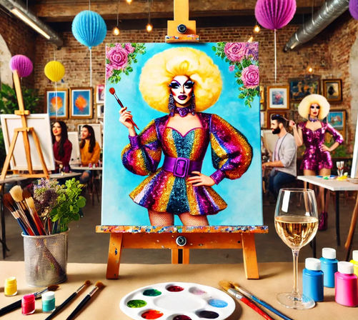 Vibrant paint-and-sip loft scene with a glittery drag-queen portrait on an easel, brushes and palette on the table, a wine glass in front, and people painting and posing in a brick-walled studio with colorful paper lanterns.
