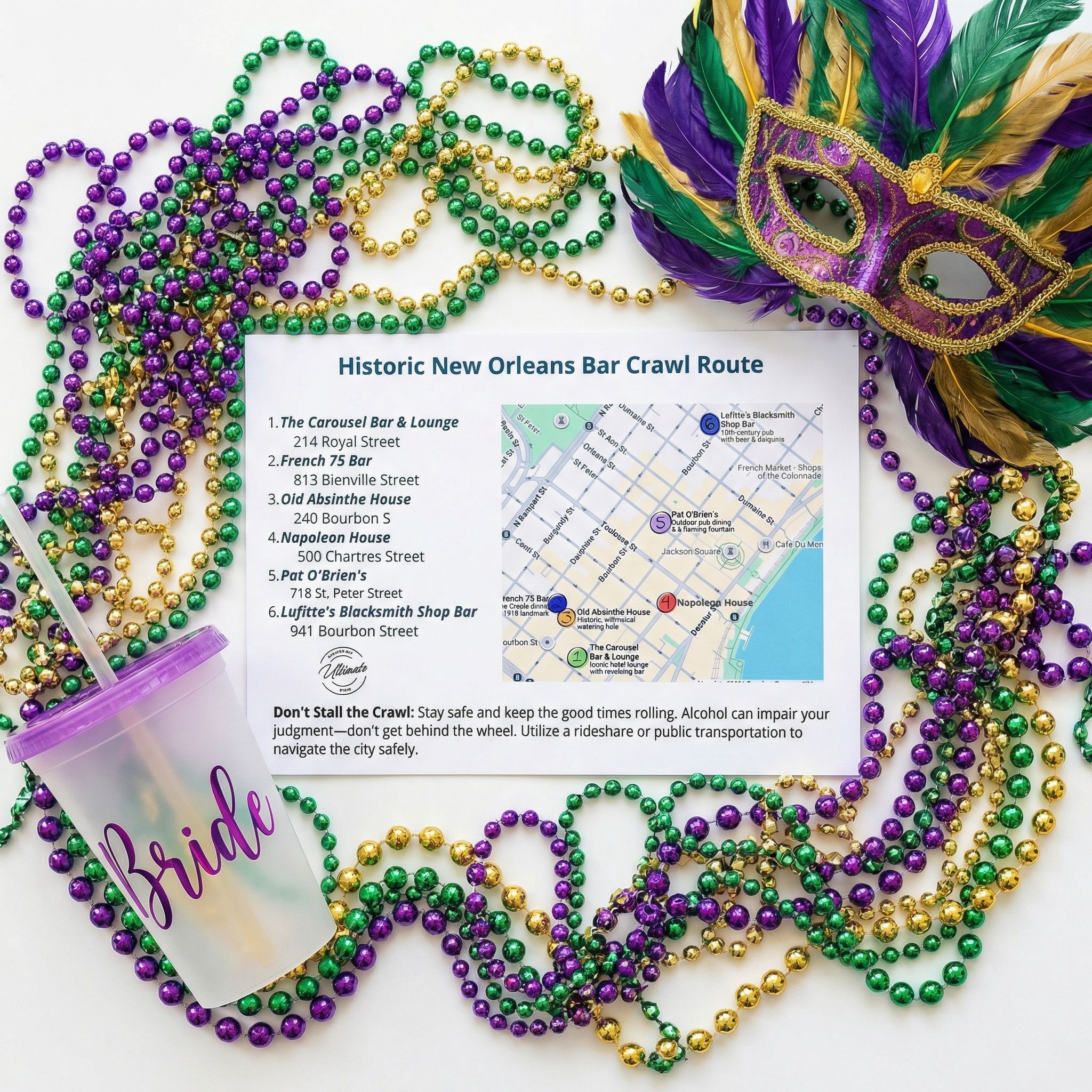 Festive Mardi Gras flat lay with purple, green and gold bead necklaces and a feathered mask surrounding a 'Historic New Orleans Bar Crawl Route' map and a translucent cup labeled 'Bride' — New Orleans party planning theme.