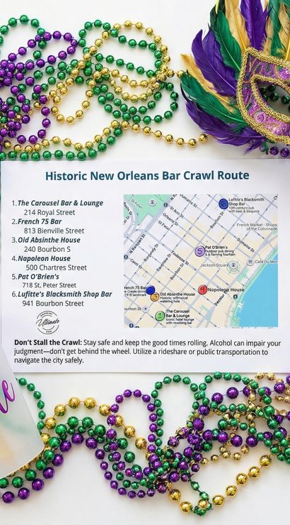 Festive Mardi Gras flat lay with purple, green and gold bead necklaces and a feathered mask surrounding a 'Historic New Orleans Bar Crawl Route' map and a translucent cup labeled 'Bride' — New Orleans party planning theme.