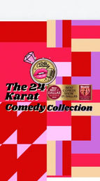 Bright geometric poster for a Dallas comedy show: red, pink and purple block pattern with a circular 24k Comedy logo featuring lips and a vintage microphone, bold retro text reading “The 24 Karat Comedy Collection,” and Best of Dallas award badges.