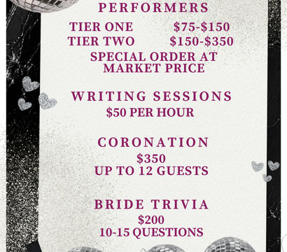 Disco-themed 'Add On Menu' flyer for bridal events with mirrored disco balls and glitter background listing performers (Tier One $75–$150, Tier Two $150–$350), writing sessions $50/hr, coronation $350 up to 12 guests, and bride trivia $200 (10–15 questions).