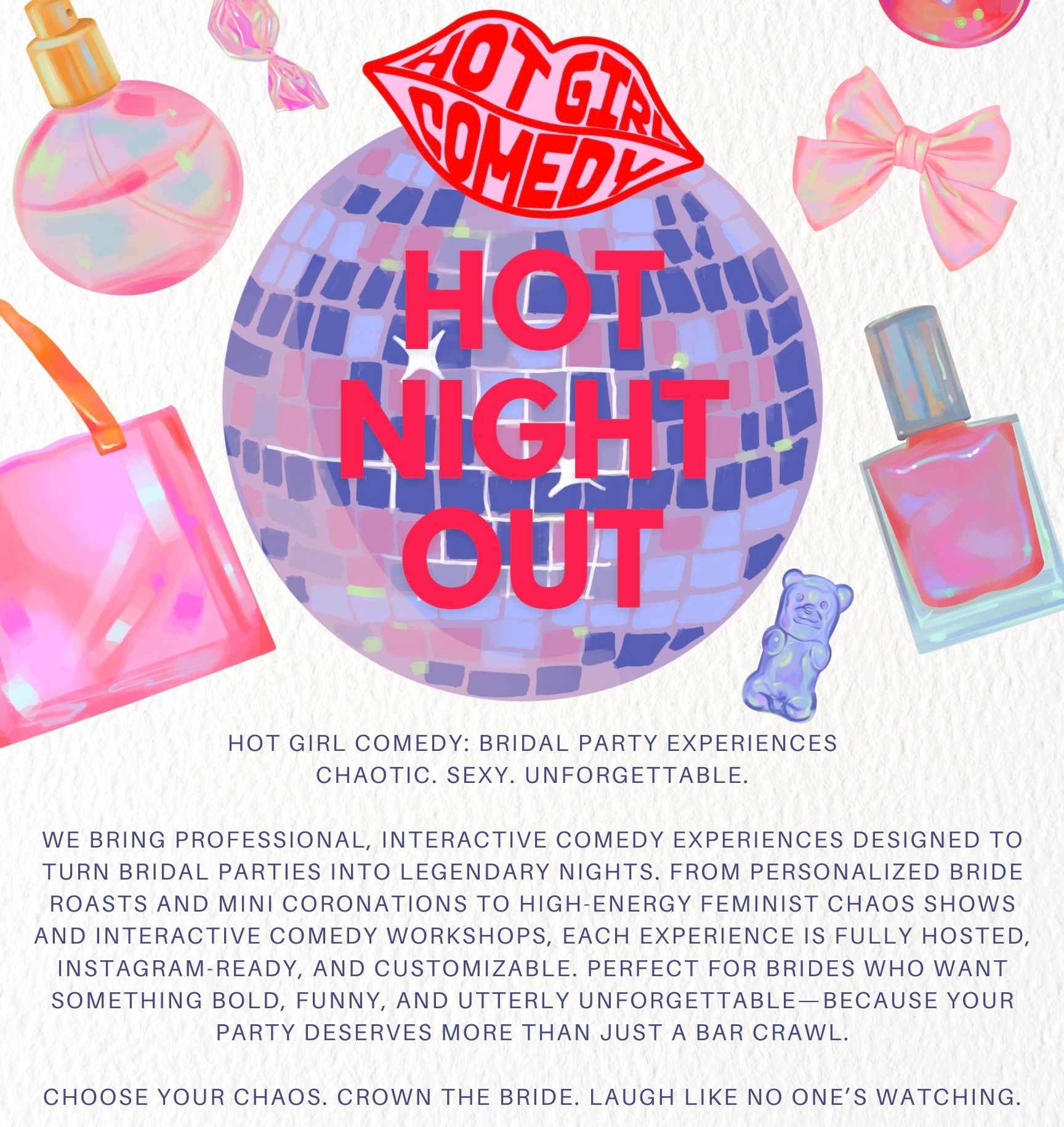 Bachelorette party poster featuring a purple mosaic disco ball with bold “HOT NIGHT OUT” text, lip-shaped comedy logo and pastel perfume, nail polish, bow, purse and candy illustrations promoting interactive bridal-comedy experiences
