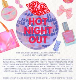 Bachelorette party poster featuring a purple mosaic disco ball with bold “HOT NIGHT OUT” text, lip-shaped comedy logo and pastel perfume, nail polish, bow, purse and candy illustrations promoting interactive bridal-comedy experiences