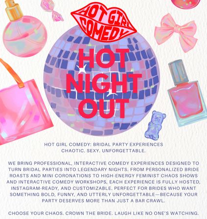 Bachelorette party poster featuring a purple mosaic disco ball with bold “HOT NIGHT OUT” text, lip-shaped comedy logo and pastel perfume, nail polish, bow, purse and candy illustrations promoting interactive bridal-comedy experiences