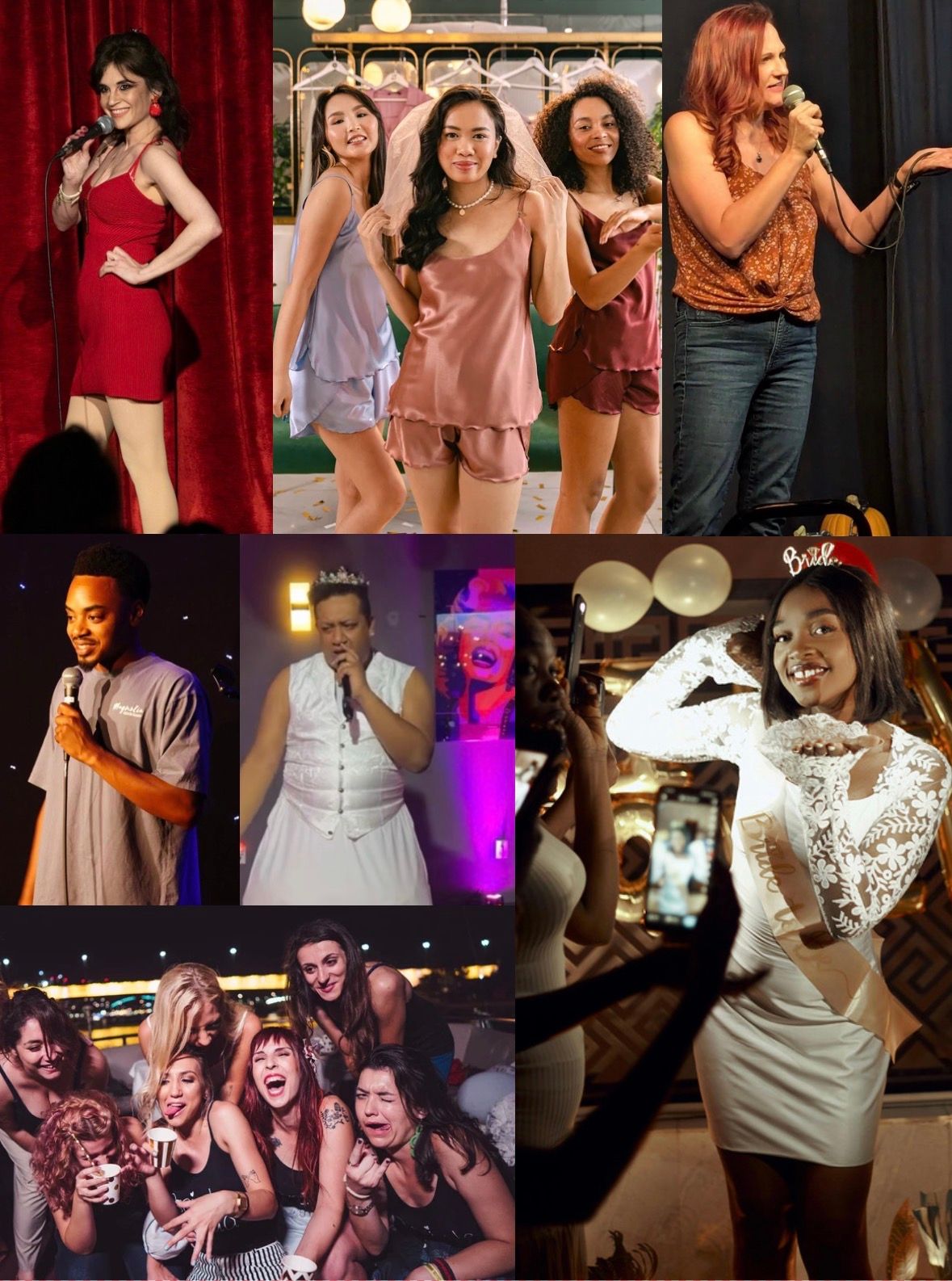 Collage of celebration scenes: comedy night with stand-up performers, friends in satin sleepwear, a bride-to-be in a white sash with balloons, a crowned performer, and a laughing rooftop party group.