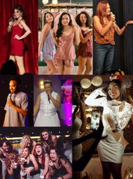 Collage of celebration scenes: comedy night with stand-up performers, friends in satin sleepwear, a bride-to-be in a white sash with balloons, a crowned performer, and a laughing rooftop party group.