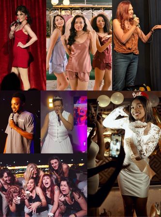 Collage of celebration scenes: comedy night with stand-up performers, friends in satin sleepwear, a bride-to-be in a white sash with balloons, a crowned performer, and a laughing rooftop party group.