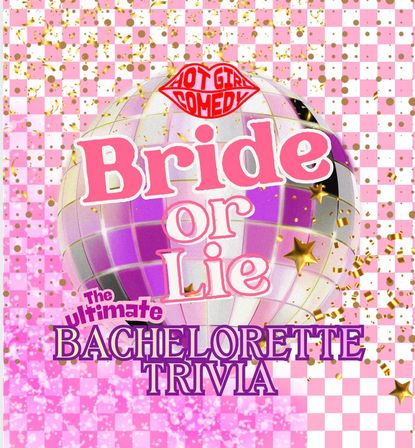 Vibrant pink bachelorette party poster featuring a mirrored pink disco ball on a pink checkerboard background with gold confetti and stars, bold playful text reading “Bride or Lie” and “Bachelorette Trivia”.