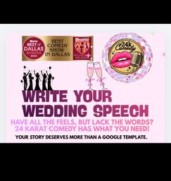 Pink promo poster for Dallas comedy wedding speech writing service featuring an award badge, disco lip-and-microphone logo, champagne flutes, celebratory silhouettes and bold headline "Write Your Wedding Speech".