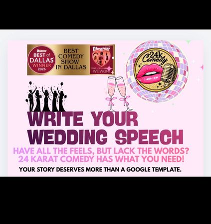 Pink promo poster for Dallas comedy wedding speech writing service featuring an award badge, disco lip-and-microphone logo, champagne flutes, celebratory silhouettes and bold headline "Write Your Wedding Speech".