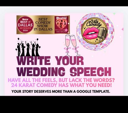 Pink promo poster for Dallas comedy wedding speech writing service featuring an award badge, disco lip-and-microphone logo, champagne flutes, celebratory silhouettes and bold headline "Write Your Wedding Speech".