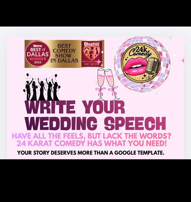 Pink promo poster for Dallas comedy wedding speech writing service featuring an award badge, disco lip-and-microphone logo, champagne flutes, celebratory silhouettes and bold headline "Write Your Wedding Speech".