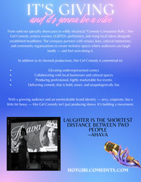 Pastel blue-pink gradient comedy poster with neon headline 'It's giving and it's gonna be a vibe,' copy about inclusive comedy showcases centering women, LGBTQ+ and local talent, bulleted commitments, a black-and-white stage photo of a performer, the quote 'Laughter is the shortest distance between two people,' and an illustrated gold microphone.