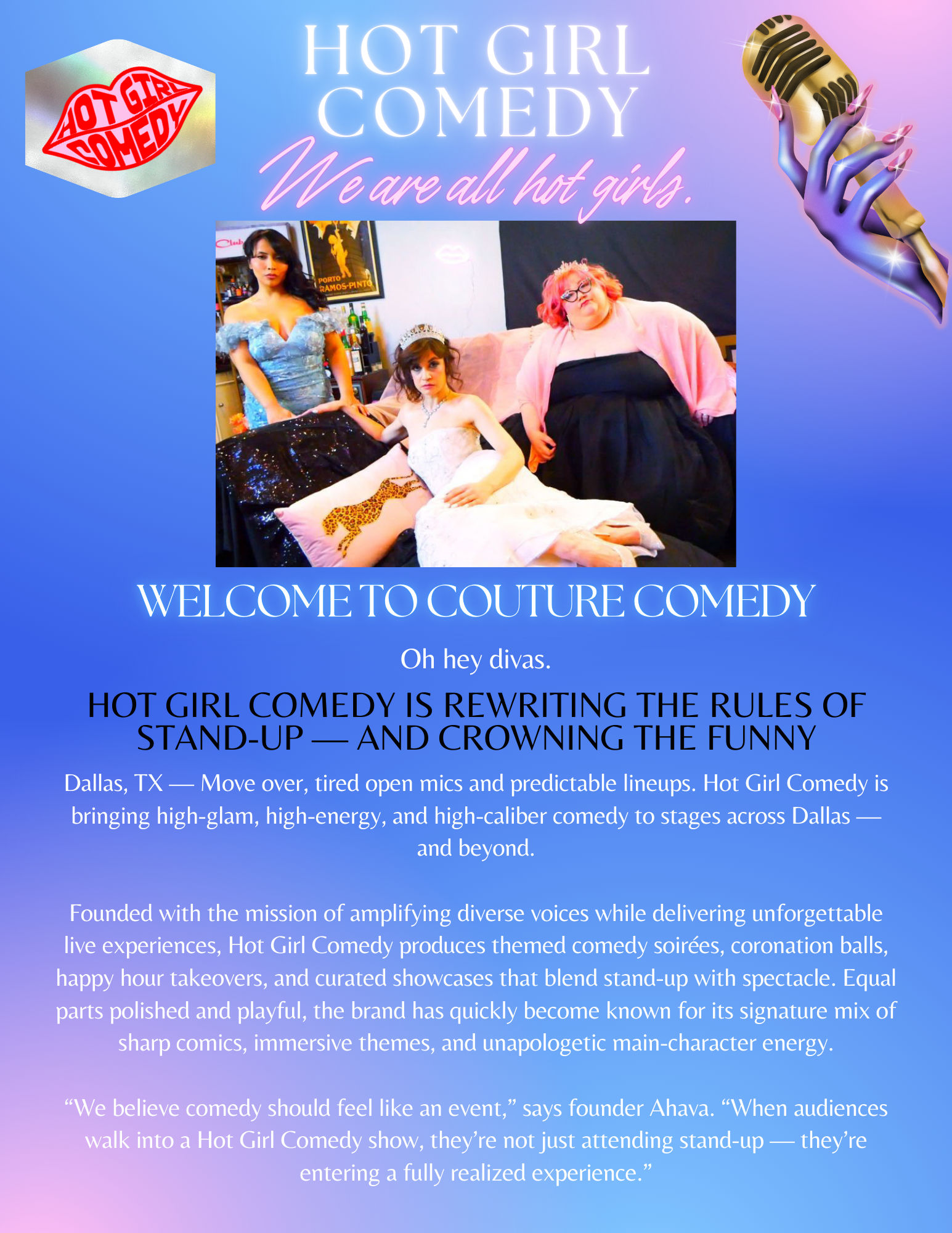 Colorful poster for a Dallas, TX couture comedy show featuring three performers in glamorous gowns lounging on a couch, neon-script slogan, gold microphone graphic and promotional copy on a blue-to-purple gradient background.
