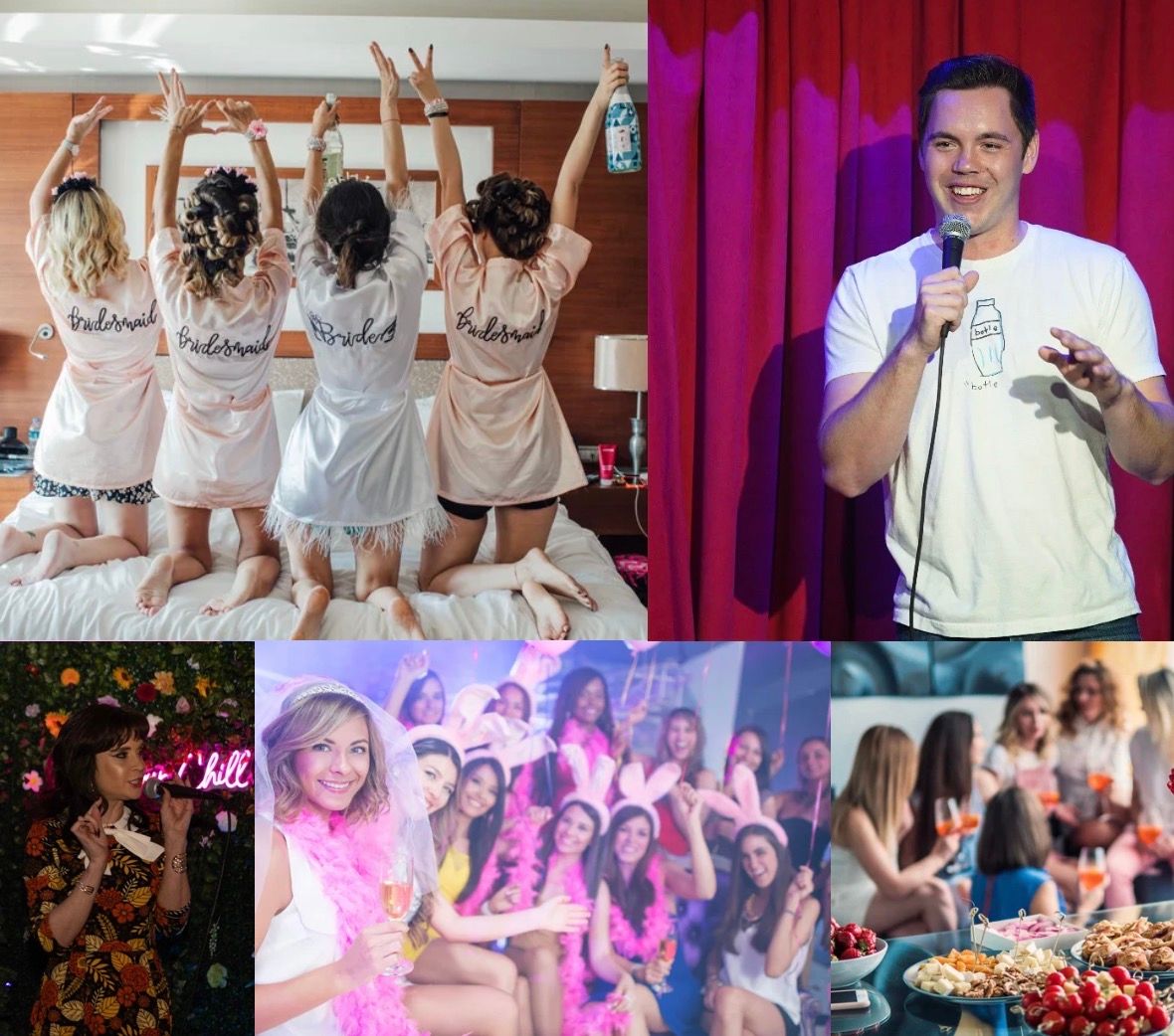 Bachelorette party collage: bride and bridesmaids in matching robes on a bed, lively group in bunny ears and pink boas, cocktails and charcuterie spread, plus live singer and stand-up comedian entertaining the crowd.
