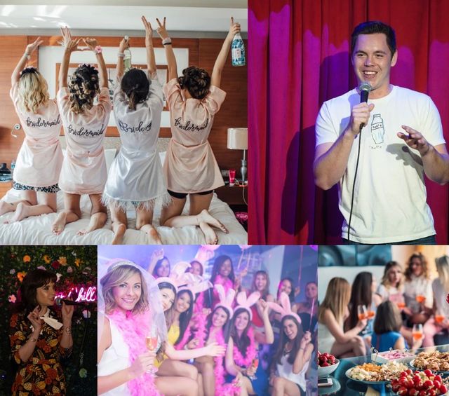 Bachelorette party collage: bride and bridesmaids in matching robes on a bed, lively group in bunny ears and pink boas, cocktails and charcuterie spread, plus live singer and stand-up comedian entertaining the crowd.