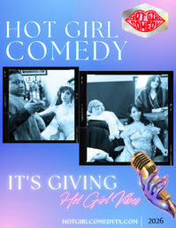 2026 poster for a female-led comedy showcase with a purple-blue gradient background, bold playful headline, two black-and-white photo-strip images of performers in vintage gowns, a stylized purple hand holding a gold microphone, and a neon-script tagline reading “It’s giving Hot Girl Vibes.”