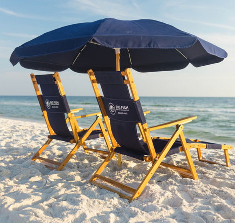 Sunny coastal scene with two wooden lounge chairs in navy fabric beneath a large navy beach umbrella on white sand, facing calm blue ocean waves.
