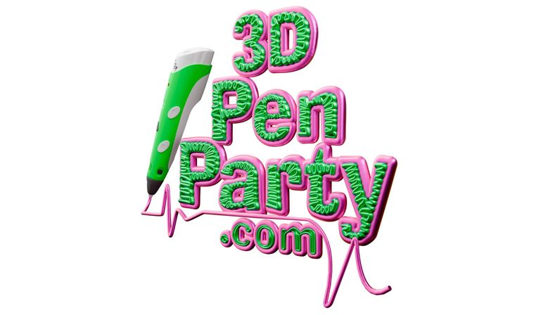 Green 3D printing pen drawing playful pink-and-green 3D text in a logo-style graphic for a 3D pen craft party and DIY workshop.
