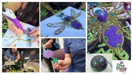 Collage showing a 3D pen jewelry workshop: hands using a purple 3D pen to sculpt a gold-and-purple dragonfly pendant with bead accents, crafters at a table, a small 3D-printed flower held up, and a colorful swirled orb on the craft table at an outdoor event.