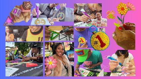 Collage of people at a community craft workshop using 3D printing pens to create colorful DIY flowers, rings, medals and small sculptures on a pink‑purple background