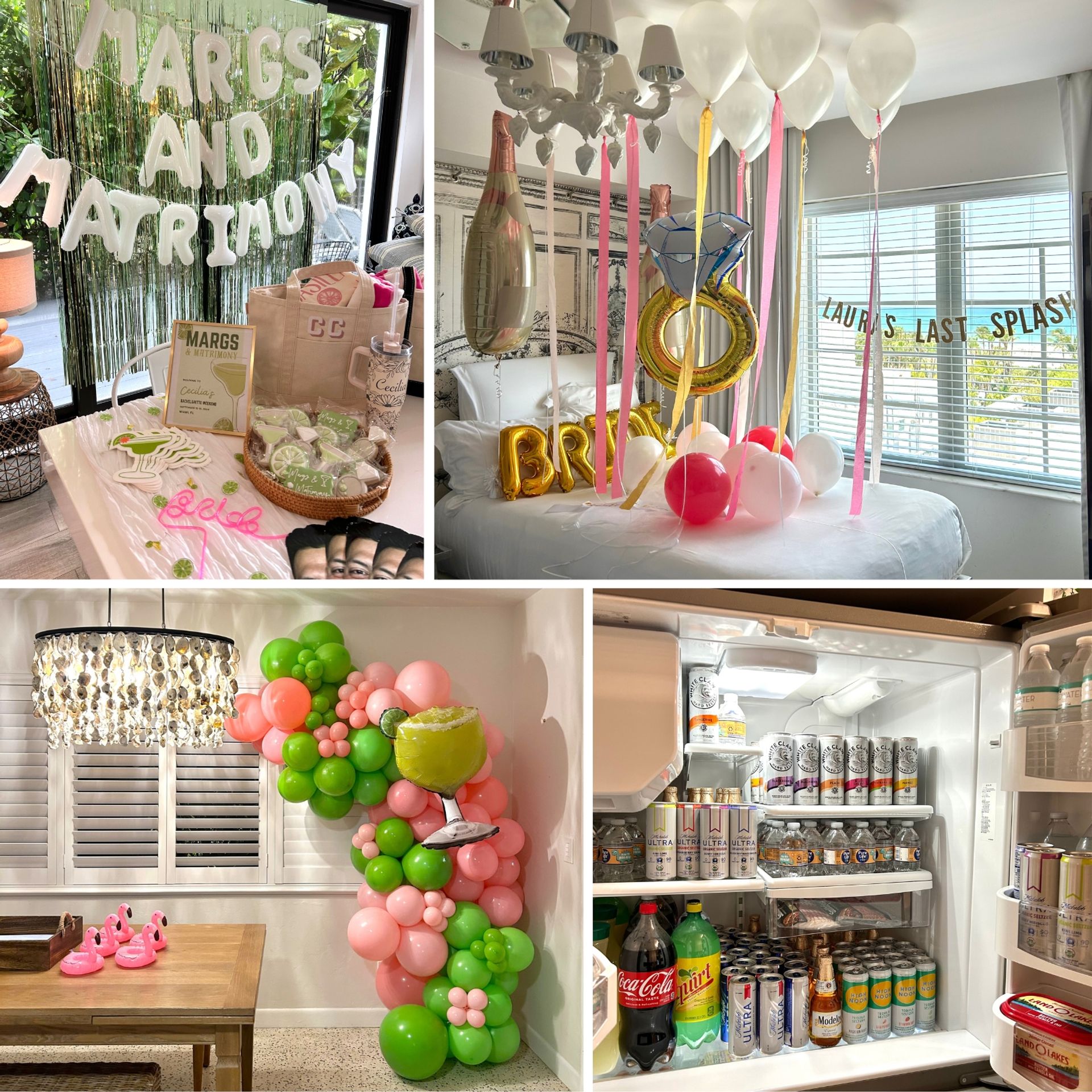 Margarita-themed bachelorette party setup: fringe backdrop with foil letters, bed covered in white and pink balloons with oversized ring and champagne foil balloons, pink-and-green balloon garland with margarita balloon over a table of themed cookies and favors, and a fridge stocked with canned cocktails and sodas.