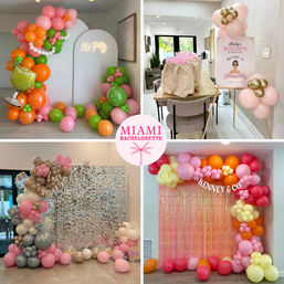 Vibrant Miami bachelorette party photo setups with colorful balloon arches and clusters in pink, orange, green and gold, neon “Let’s Party” arch, welcome sign, sequin sparkle wall and tassel backdrop