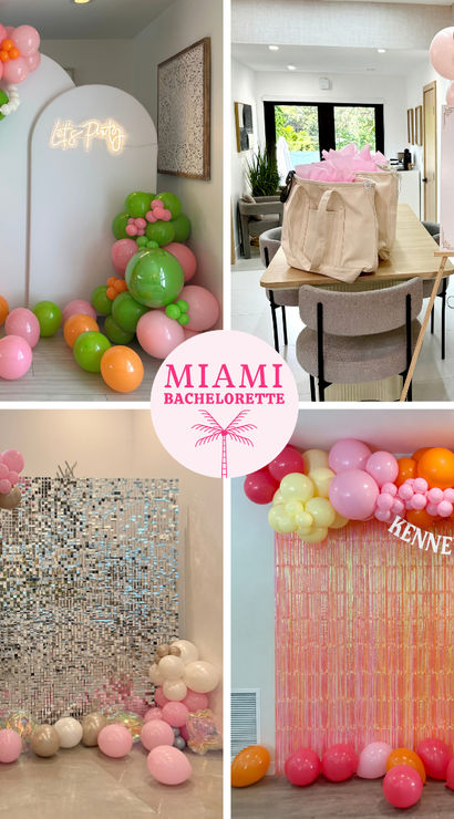 Vibrant Miami bachelorette party photo setups with colorful balloon arches and clusters in pink, orange, green and gold, neon “Let’s Party” arch, welcome sign, sequin sparkle wall and tassel backdrop