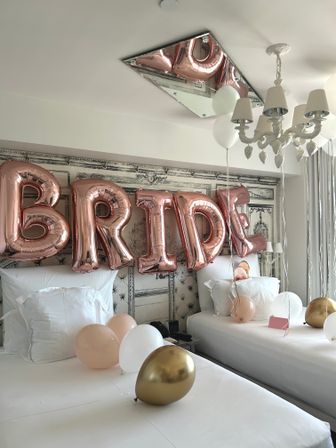 Beautiful Airbnb Decor with Backdrops, Balloon Garlands, Bride Room, Fridge Stocking image 55