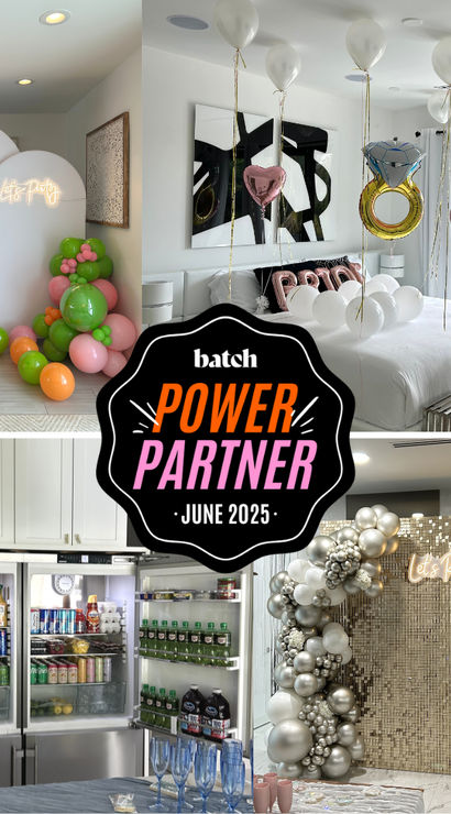 Montage of luxe indoor party decor: vibrant pink, orange and green balloon arch, bedroom surprise with white and foil heart/ring balloons, stocked beverage fridge, silver sequin photo wall with metallic balloons and a Power Partner June 2025 badge.