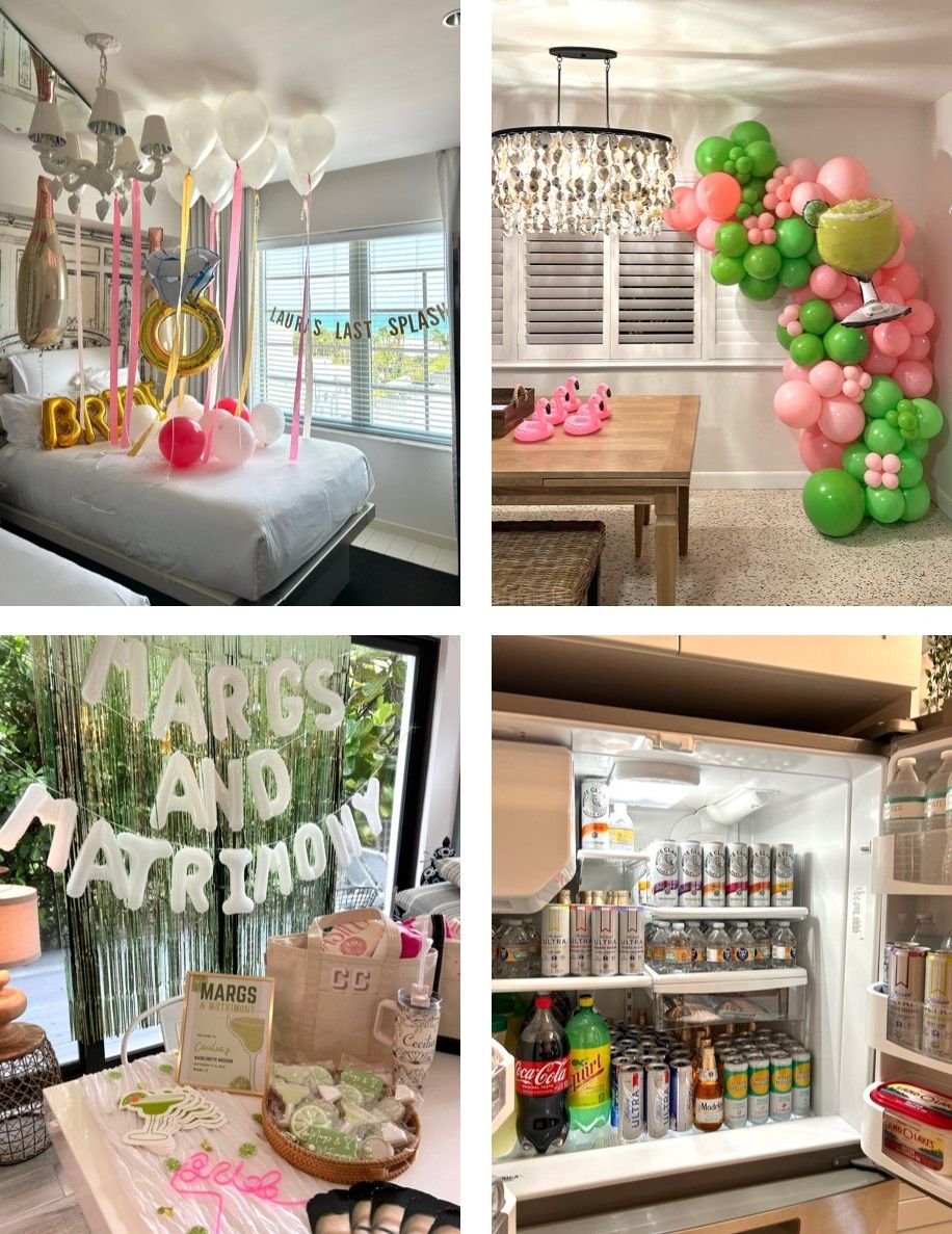 Indoor bachelorette party collage: bedroom with floating white balloons, pink ribbons and gold ring/BRIDE balloons; dining area with pink-and-green margarita balloon garland and flamingo cup holders; party table with margs-and-matrimony themed favors and cookies; fridge stocked with seltzers, beers and sodas.