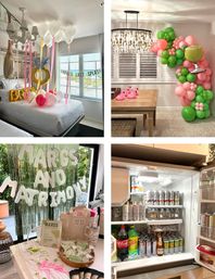 Indoor bachelorette party collage: bedroom with floating white balloons, pink ribbons and gold ring/BRIDE balloons; dining area with pink-and-green margarita balloon garland and flamingo cup holders; party table with margs-and-matrimony themed favors and cookies; fridge stocked with seltzers, beers and sodas.