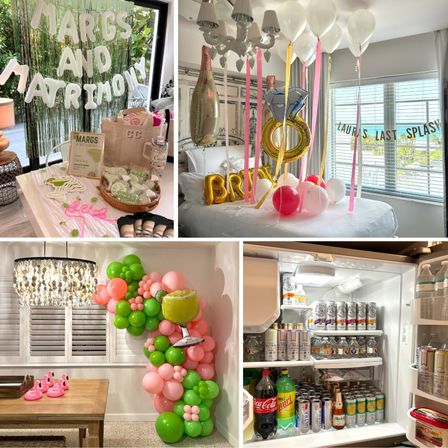 Collage of a bachelorette party setup: margarita-themed favor table with metallic fringe backdrop, bedroom decorated with white helium balloons and large gold ring and champagne foil balloons by a sunny window, pink-and-green balloon garland with a cocktail-shaped balloon over a dining table with pink flamingo cup holders, and an open fridge fully stocked with sodas, beers and canned cocktails — ready for a celebratory weekend.