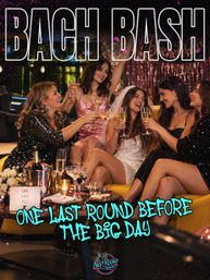 Friends toasting champagne at a bachelorette party in a dim city lounge, bride wearing a veil laughing on a yellow sofa with confetti and metallic fringe backdrop, poster text reads “BACH BASH” and “One last round before the big day”.