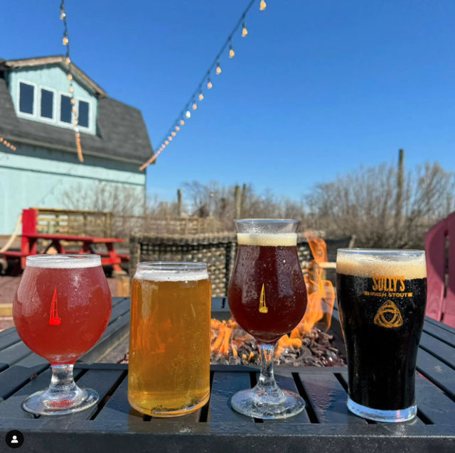Four craft beers — pink sour, golden ale, amber ale, and dark stout — lined up on a patio table by a fire pit, with string lights overhead and a blue-sky outdoor beer garden backdrop.