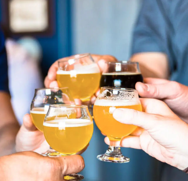 Close-up of five hands clinking small tulip beer glasses filled with pale golden and dark craft brews, a lively craft beer tasting toast at a local brewery.
