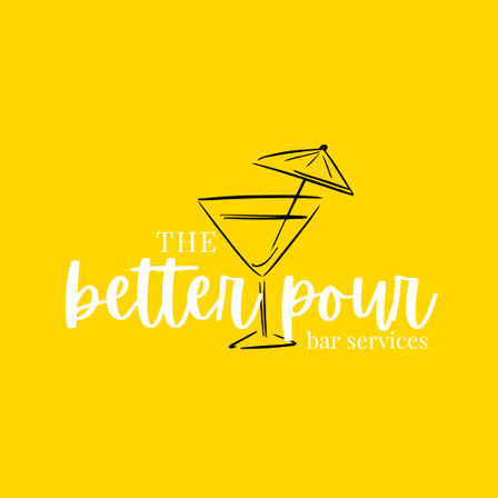 Bright yellow background with a minimalist black sketch of a cocktail glass topped by a small umbrella, overlaid by playful white script and smaller serif text — logo-style bar service design.