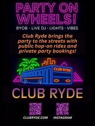 Neon poster for a party bus service — bright “Party on Wheels” headline, BYOB • live DJ • lights • vibes, neon bus with palm and city skyline, copy about hop-on rides and private party bookings, plus QR codes for website and Instagram.