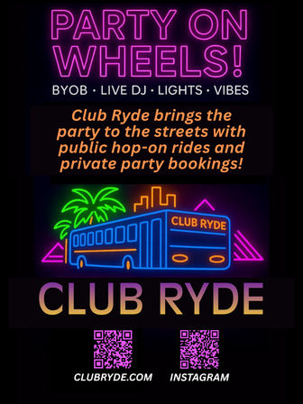 Neon poster for a party bus service — bright “Party on Wheels” headline, BYOB • live DJ • lights • vibes, neon bus with palm and city skyline, copy about hop-on rides and private party bookings, plus QR codes for website and Instagram.