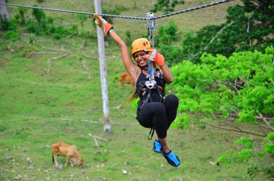 Smiling woman in an orange helmet and harness ziplining over a lush green pasture with grazing cows — fun outdoor adventure in the countryside.