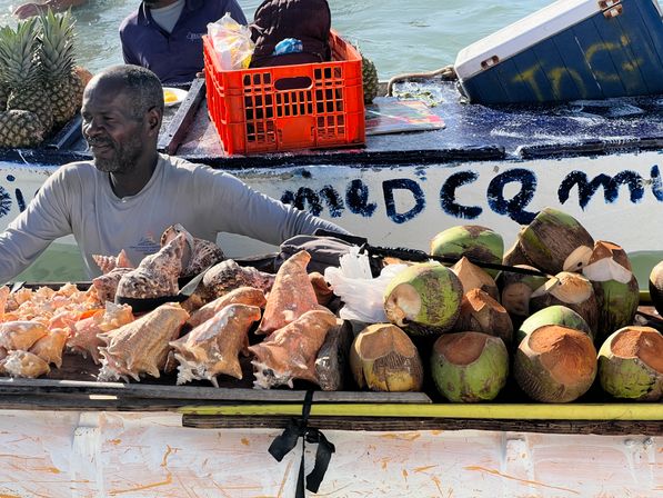 Sunlit tropical boat market scene with a vendor selling large conch shells, fresh green coconuts, and pineapples from a small wooden boat.