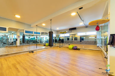 Bright, empty fitness studio with hardwood floor and wall mirrors, hanging heavy bag and speed bag, colorful exercise balls and speakers.