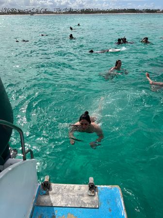 Snorkelers and swimmers in clear turquoise water near a boat ladder, with a palm-lined tropical beach on the horizon