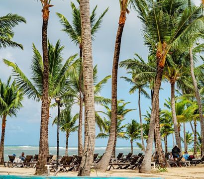 Wooden boat and coiled rope on a sandy tropical beach framed by tall palm trees, rows of lounge chairs and visitors with turquoise ocean waves in the background.